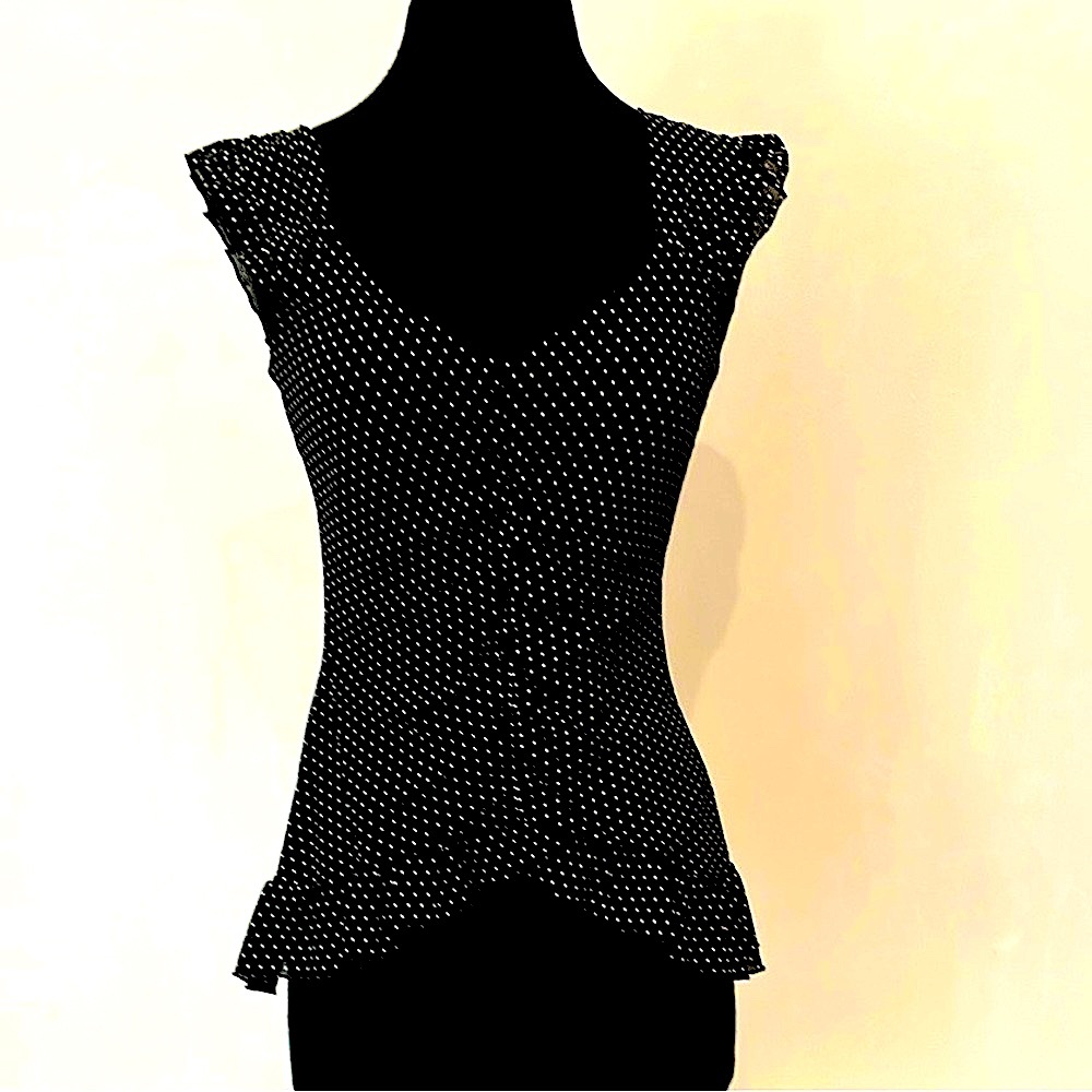 Lily White Black Polka Dot Ruffle Sleeveless Top V-Neck, Open Back, Small S/M